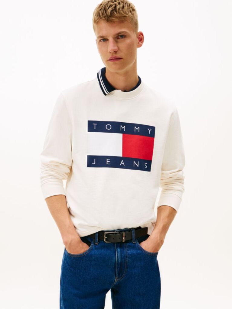 White Regular Tonal Flag Crew Neck Sweatshirt  Men