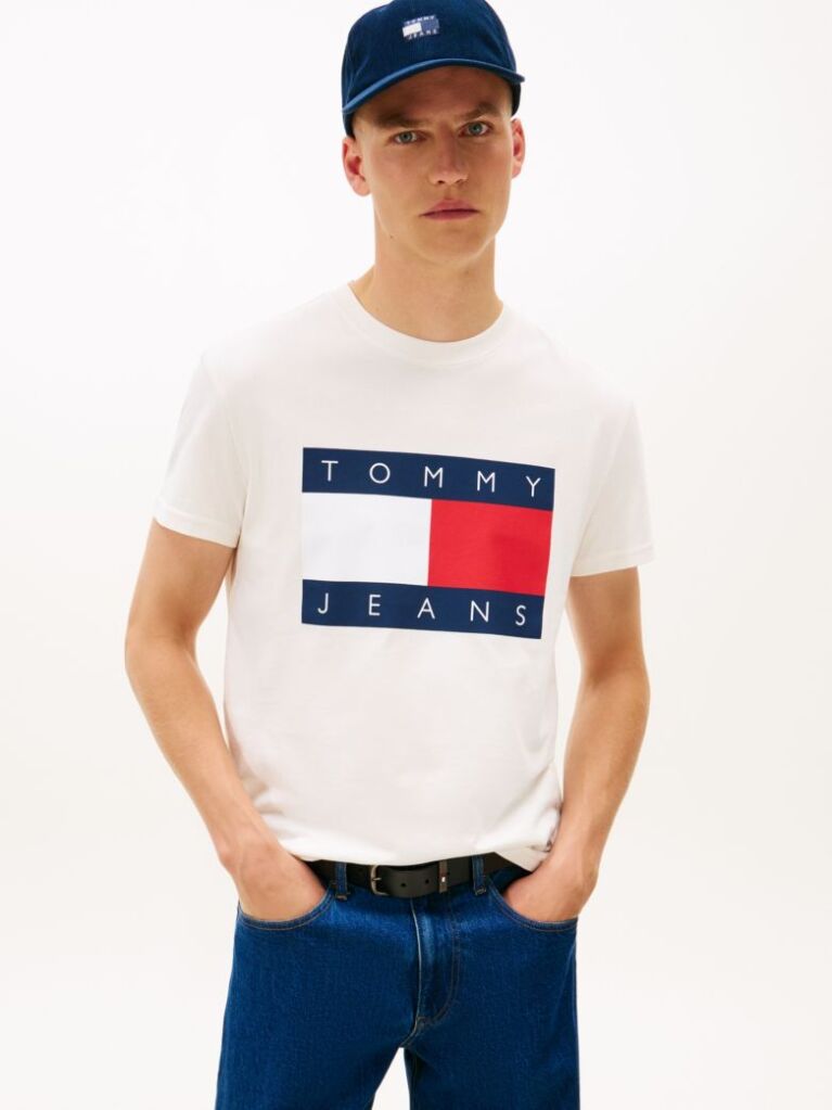 Άσπρο T-Shirt Με Κλασική Λαιμόκοψη Και Σημαία  Άνδρες