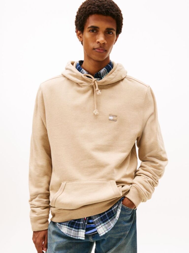 Beige Tommy Badge Terry Drawstring Hoody  Men