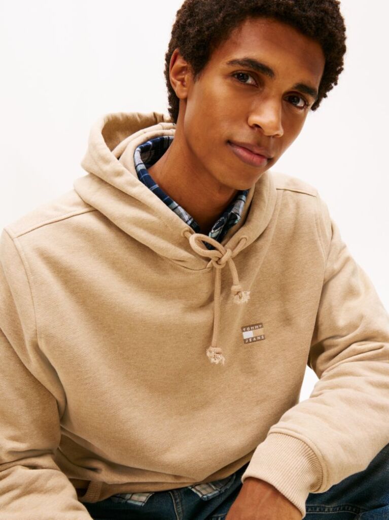 Beige Tommy Badge Terry Drawstring Hoody  Men