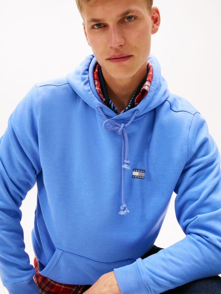 Blue Tommy Badge Terry Drawstring Hoody  Men