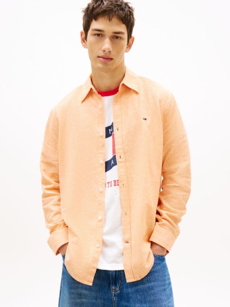 Orange Regular Fit Linen Blend Shirt  Men