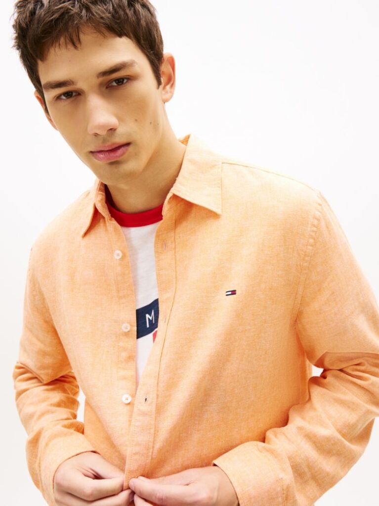Orange Regular Fit Linen Blend Shirt  Men