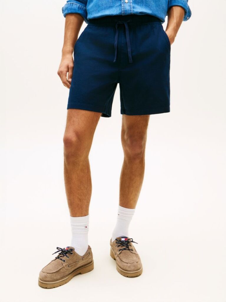 Blue Logo Relaxed Bermuda Shorts With Linen  Men