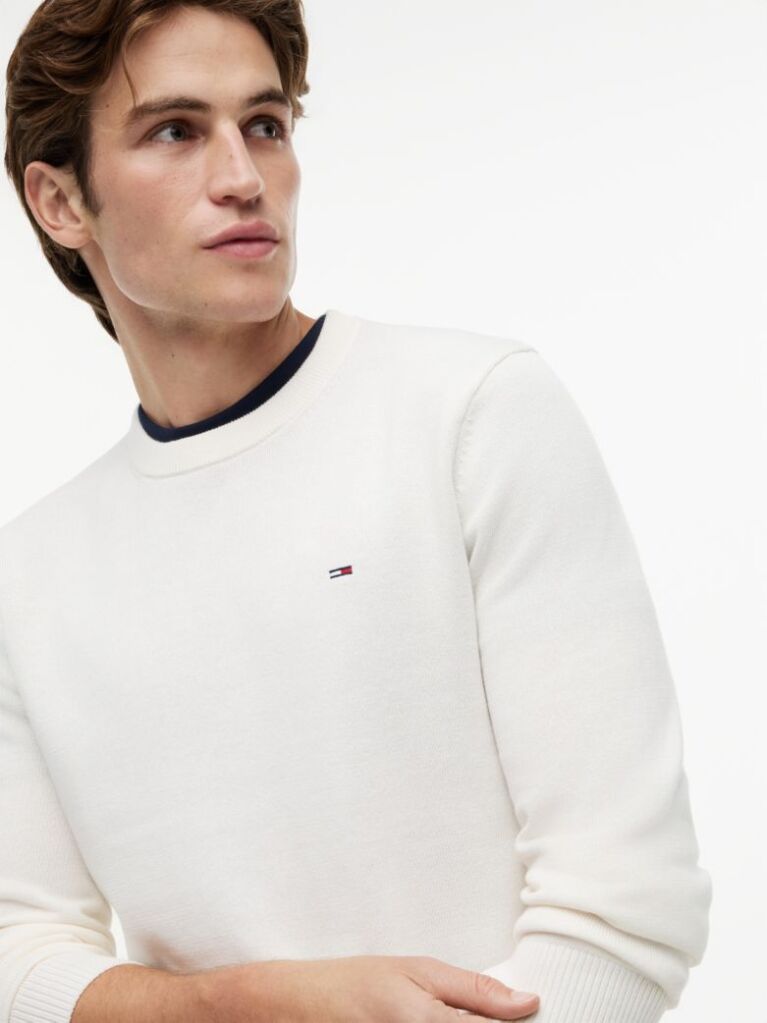 Beige Tommy Flag Slim Crew Neck Jumper  Men