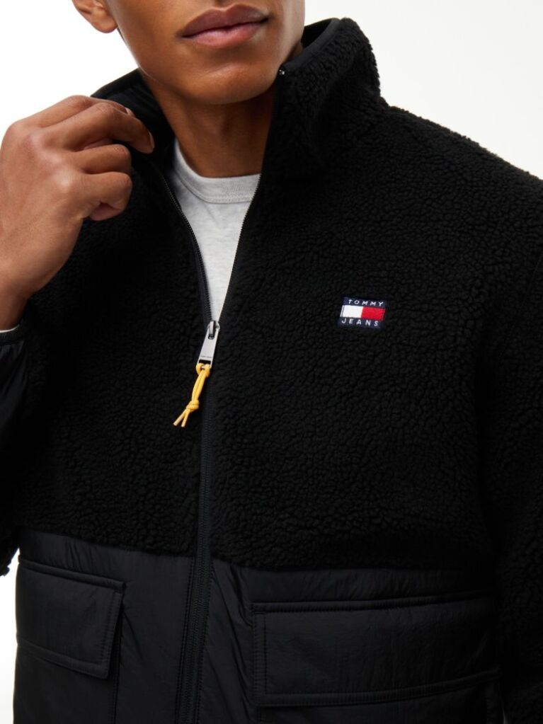 Black Teddy Contrast Texture Relaxed Jacket  Men