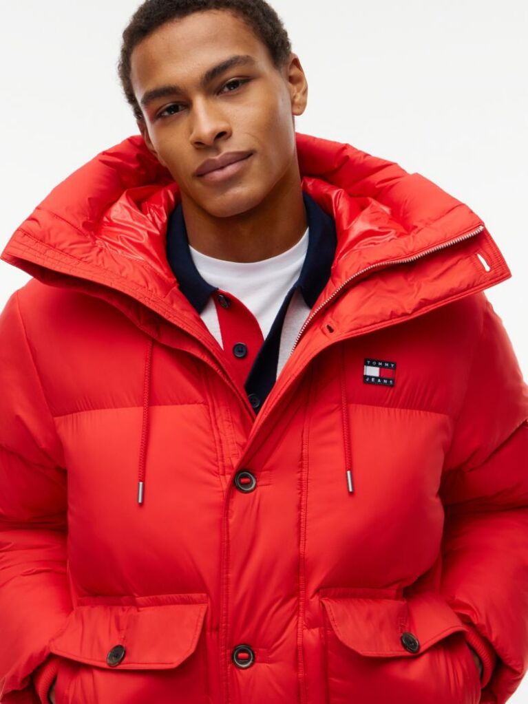 Red Logo Hooded Relaxed Puffer Jacket  Men