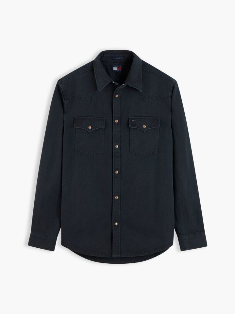 Black Regular Fit Washed Denim Western Shirt  Men