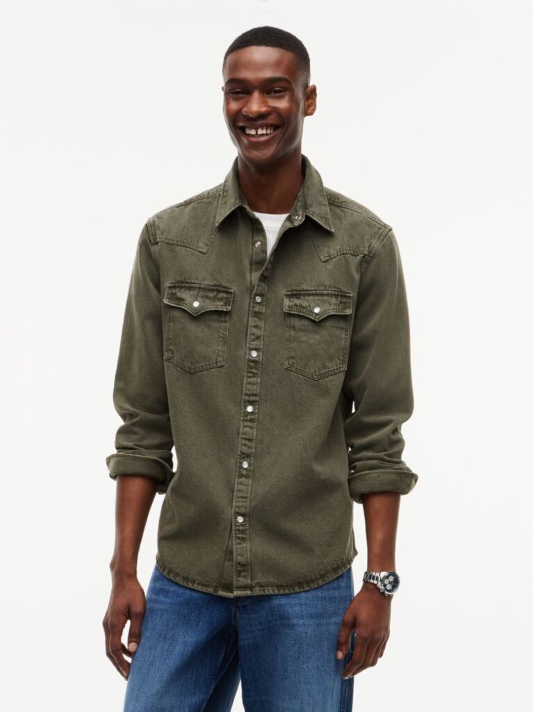 Green Regular Fit Washed Denim Western Shirt  Men
