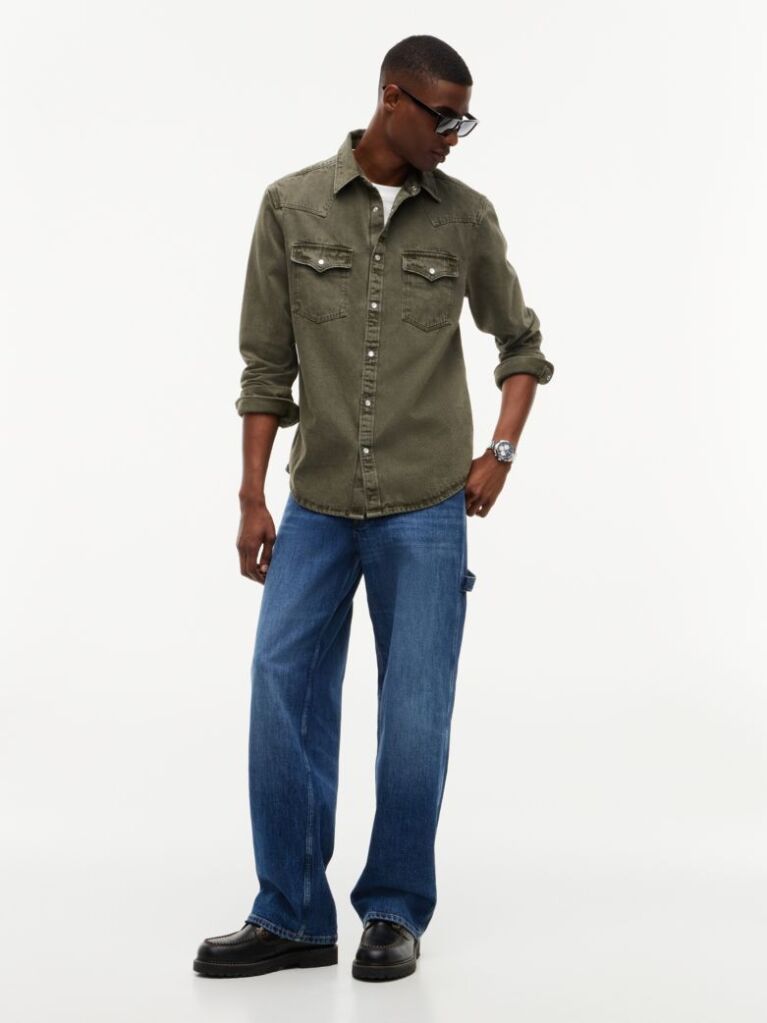 Green Regular Fit Washed Denim Western Shirt  Men