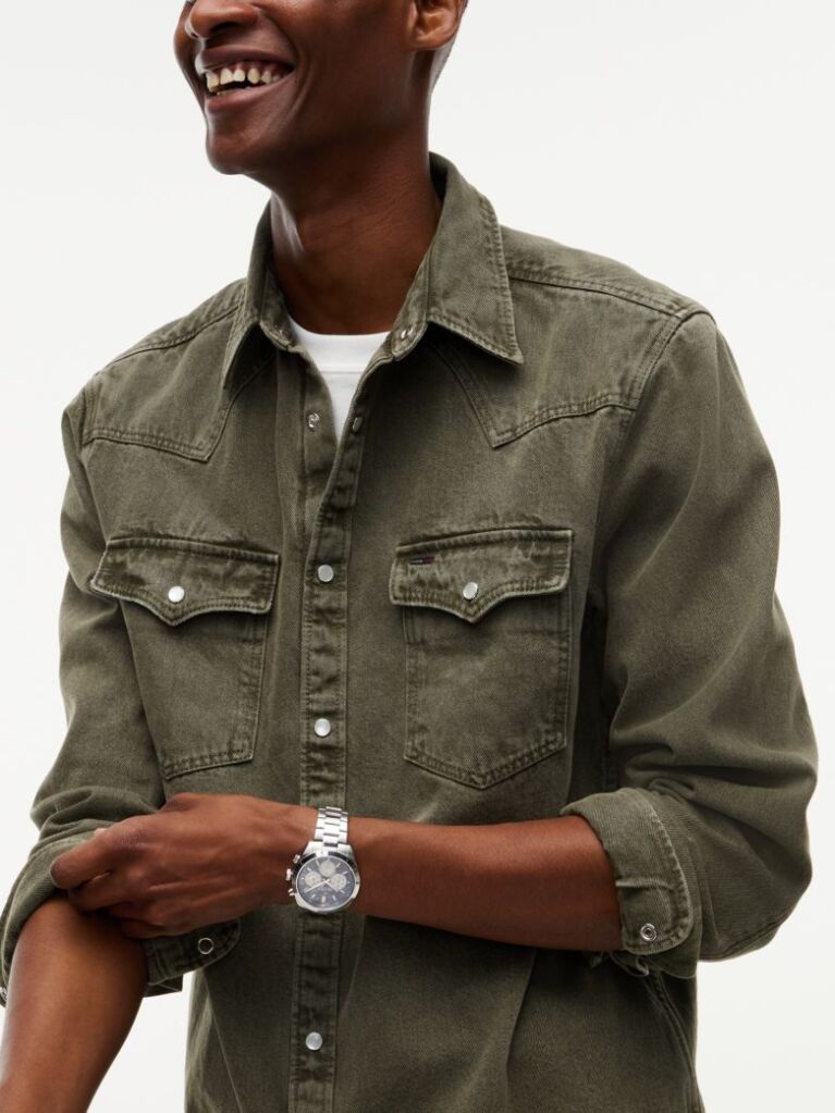 Green Regular Fit Washed Denim Western Shirt  Men