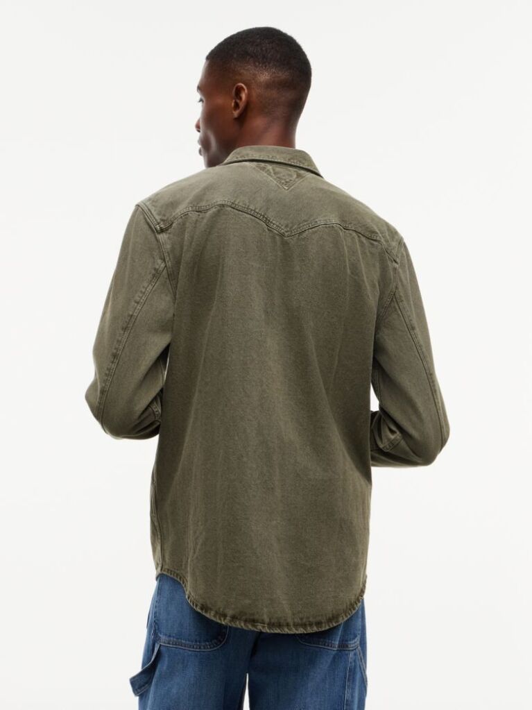 Green Regular Fit Washed Denim Western Shirt  Men