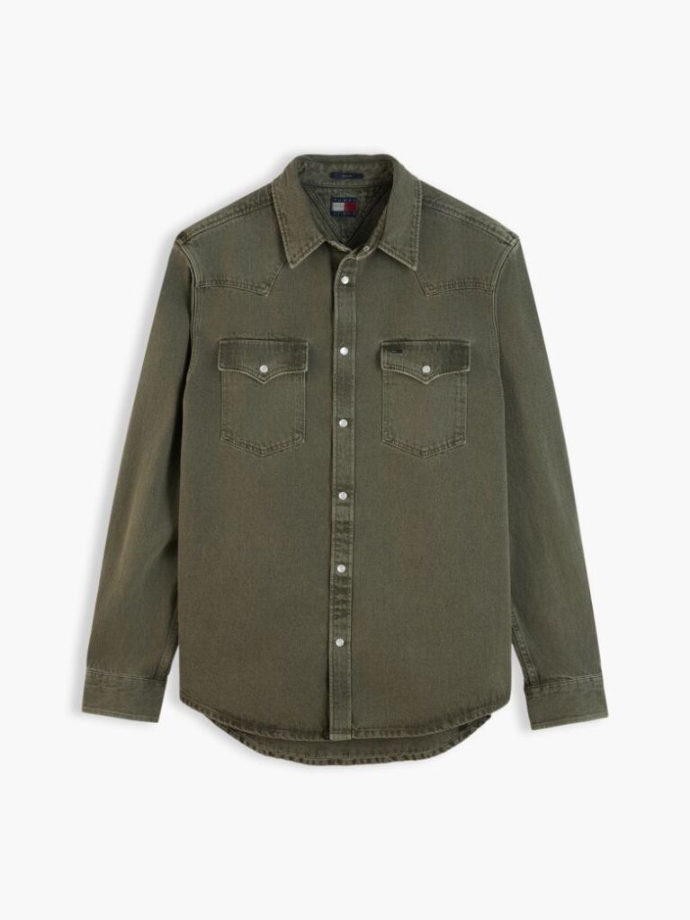 Green Regular Fit Washed Denim Western Shirt  Men