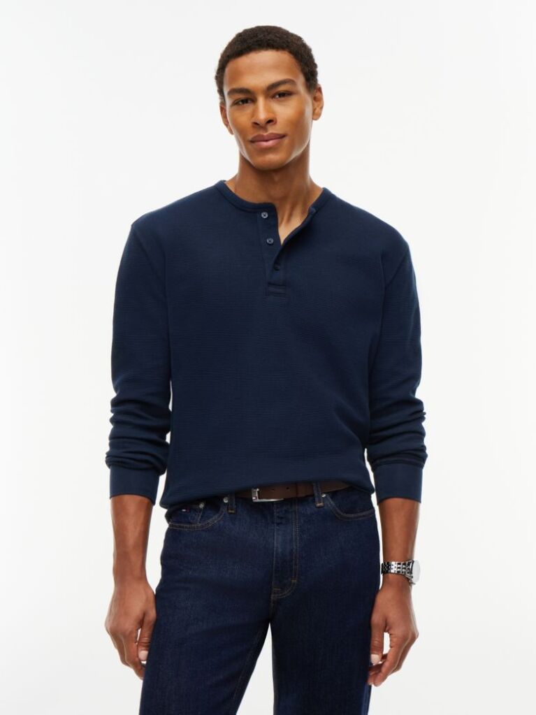 Blue Washed Waffle Knit Henley Long Sleeve T-Shirt  Men