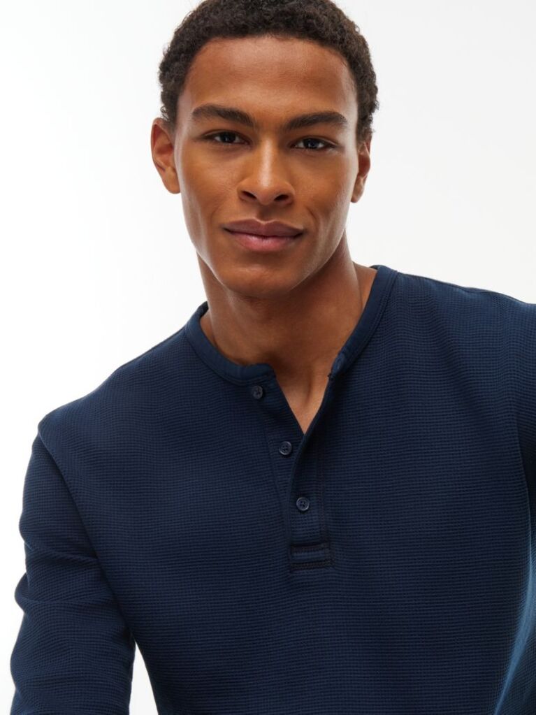 Blue Washed Waffle Knit Henley Long Sleeve T-Shirt  Men