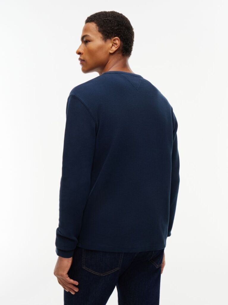 Blue Washed Waffle Knit Henley Long Sleeve T-Shirt  Men