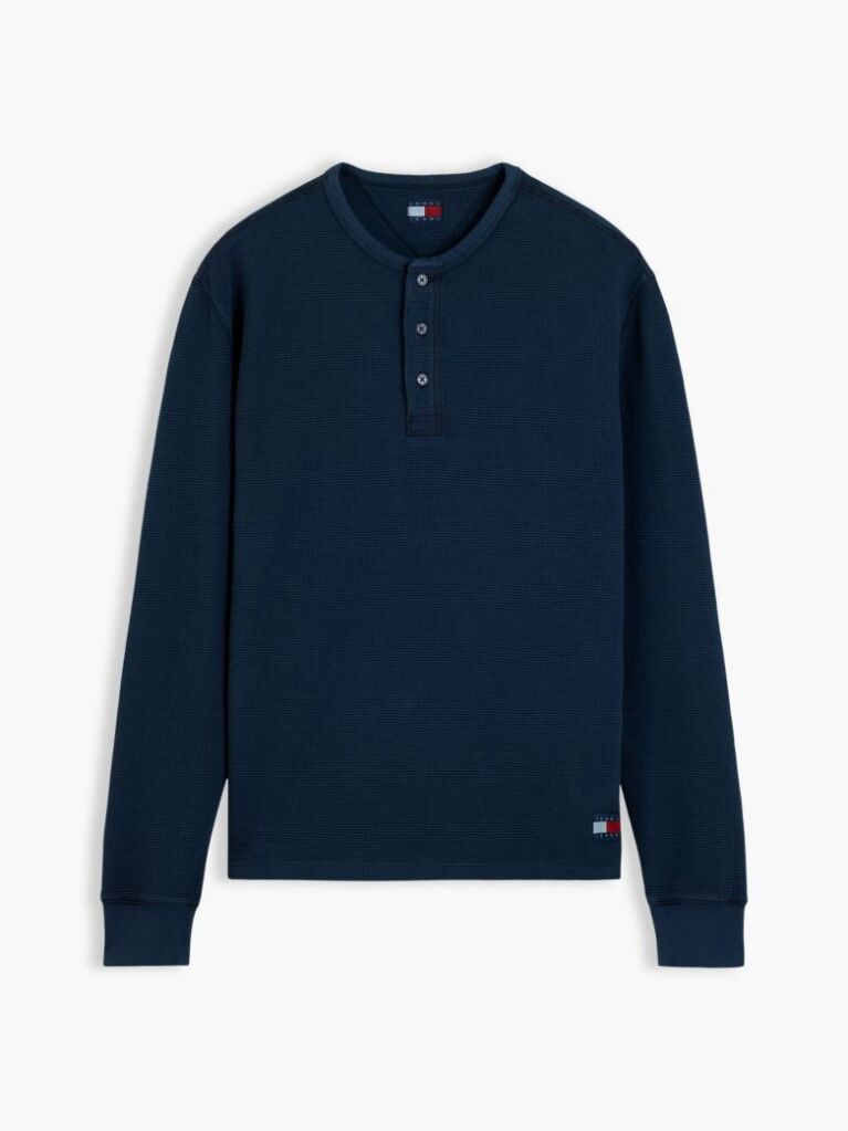 Blue Washed Waffle Knit Henley Long Sleeve T-Shirt  Men