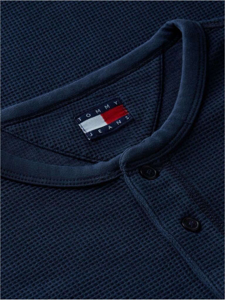 Blue Washed Waffle Knit Henley Long Sleeve T-Shirt  Men