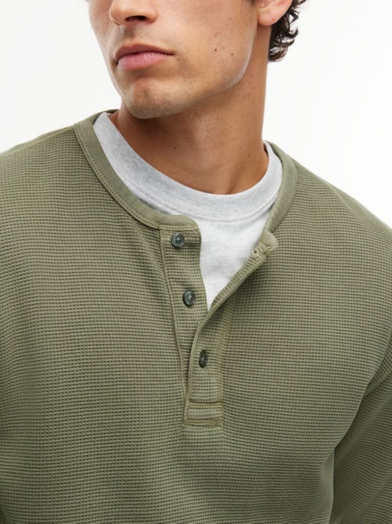 Πράσινο Μακρυμάνικο T-Shirt Με Henley Λαιμόκοψη Και Waffle Πλέξη  Άνδρες