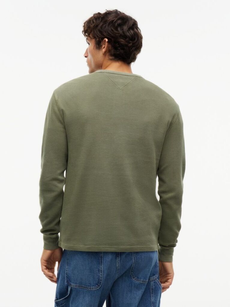 Πράσινο Μακρυμάνικο T-Shirt Με Henley Λαιμόκοψη Και Waffle Πλέξη  Άνδρες