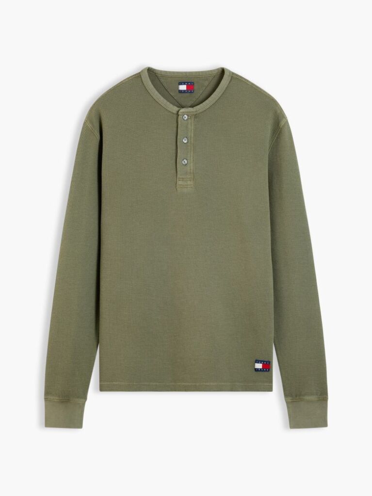 Πράσινο Μακρυμάνικο T-Shirt Με Henley Λαιμόκοψη Και Waffle Πλέξη  Άνδρες