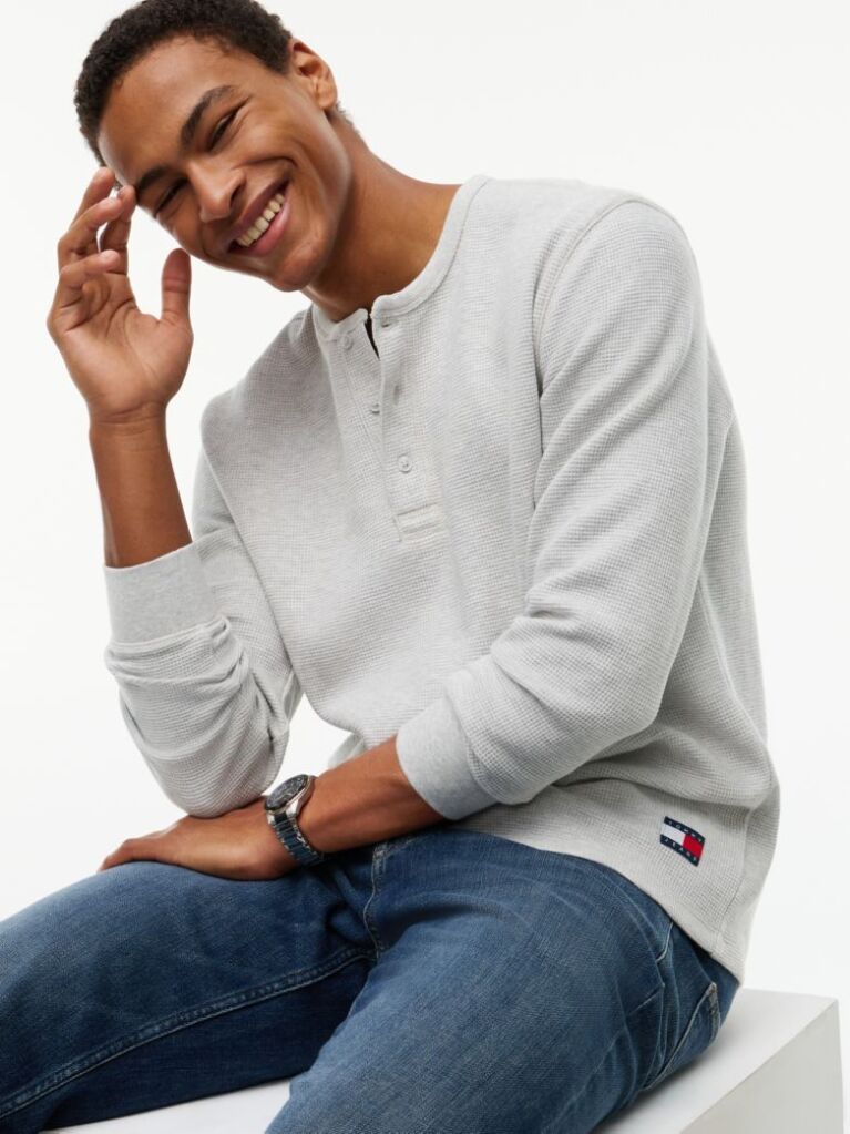 Grey Washed Waffle Knit Henley Long Sleeve T-Shirt  Men