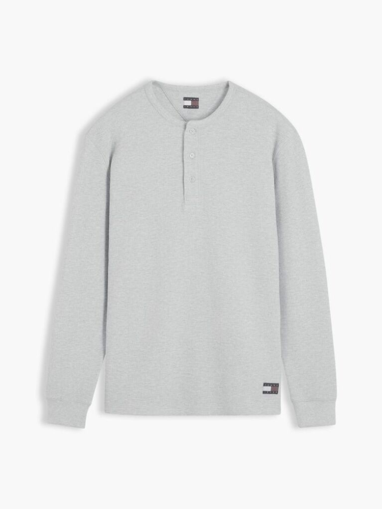 Grey Washed Waffle Knit Henley Long Sleeve T-Shirt  Men