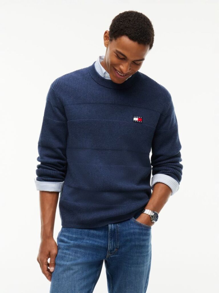 Blue Tommy Badge Textured Jumper  Men