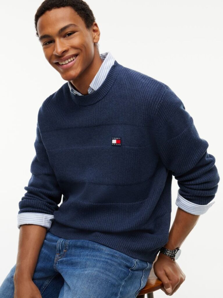 Blue Tommy Badge Textured Jumper  Men