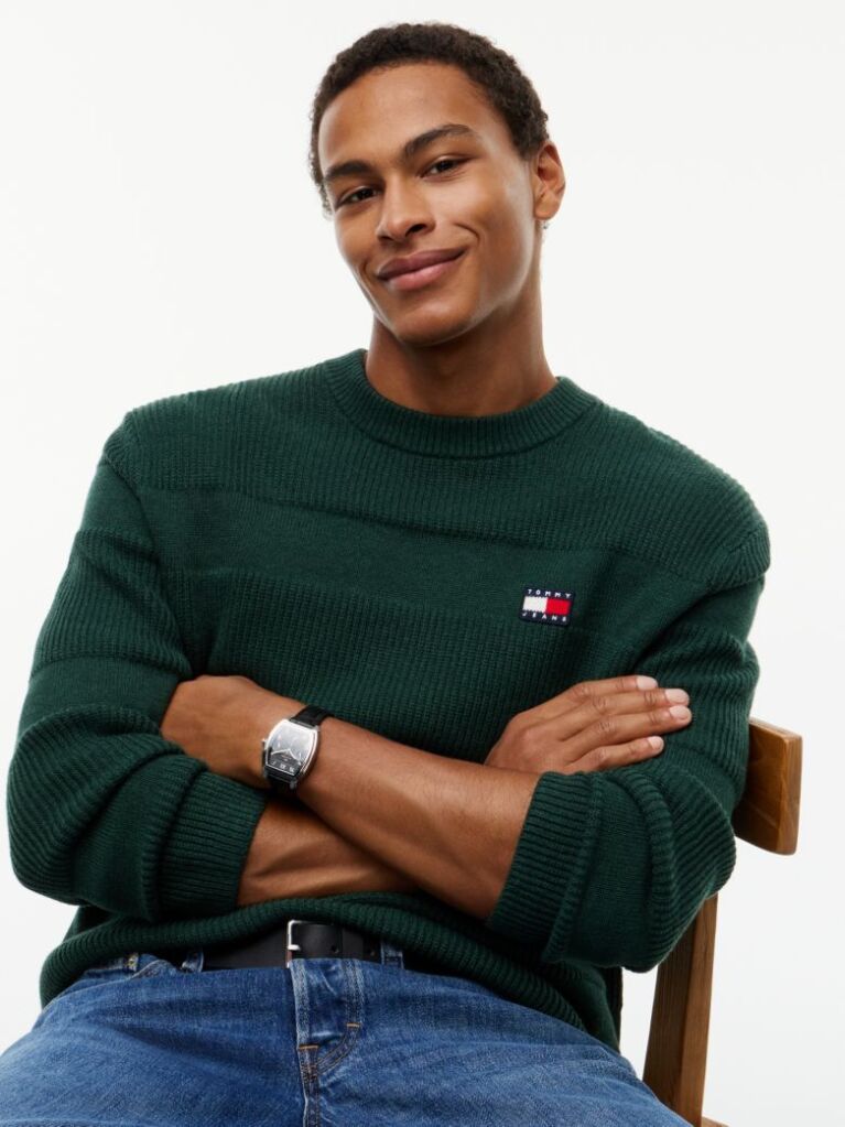 Green Tommy Badge Textured Jumper  Men