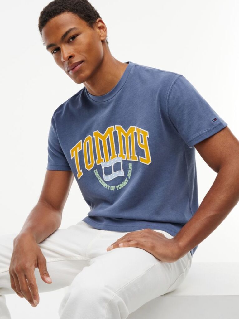Μπλε Βαμβακερό T-Shirt Με Varsity Λογότυπο  Άνδρες