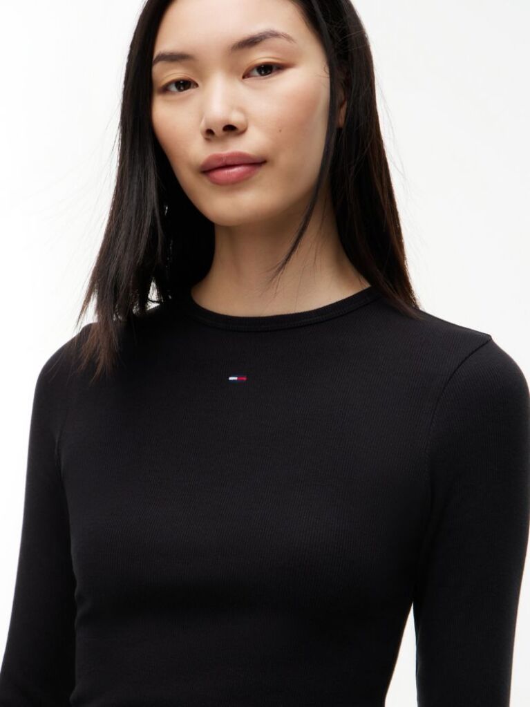 Black Ribbed Slim Long Sleeve T-Shirt  Women
