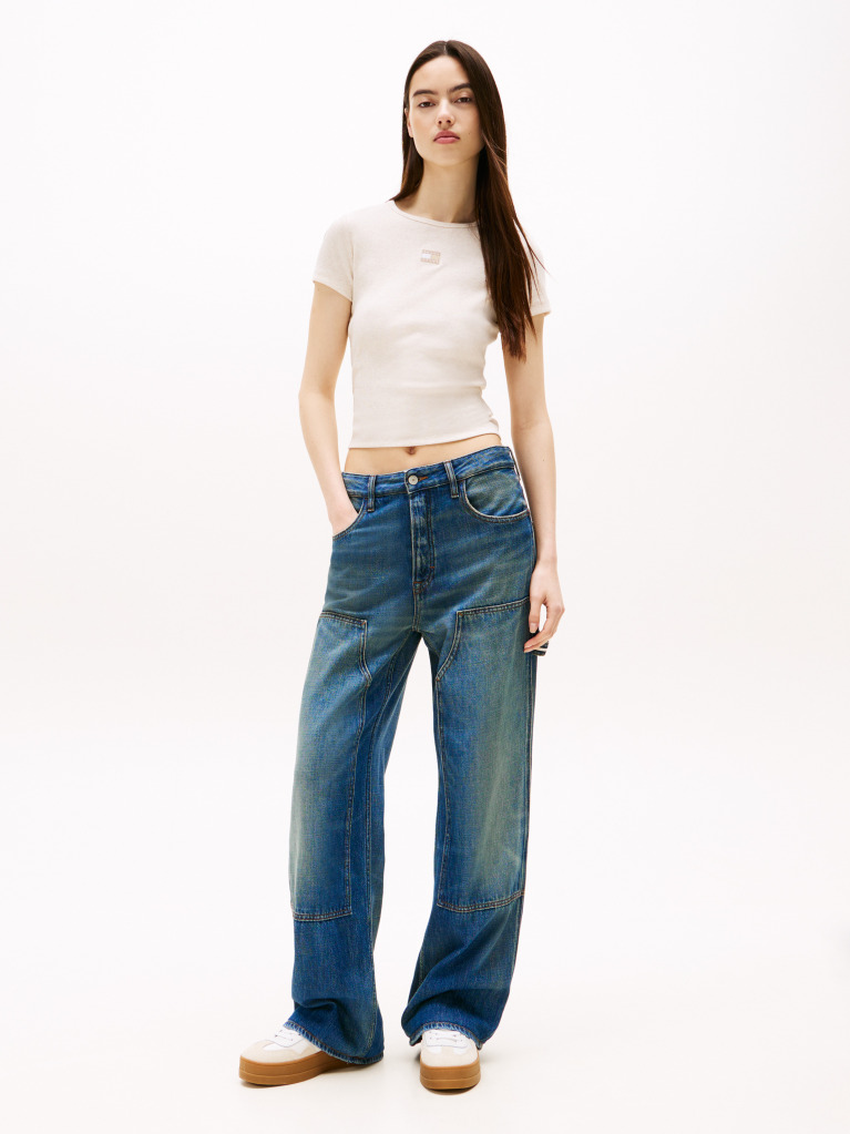 Beige Slim Badge Rib Tee  Women