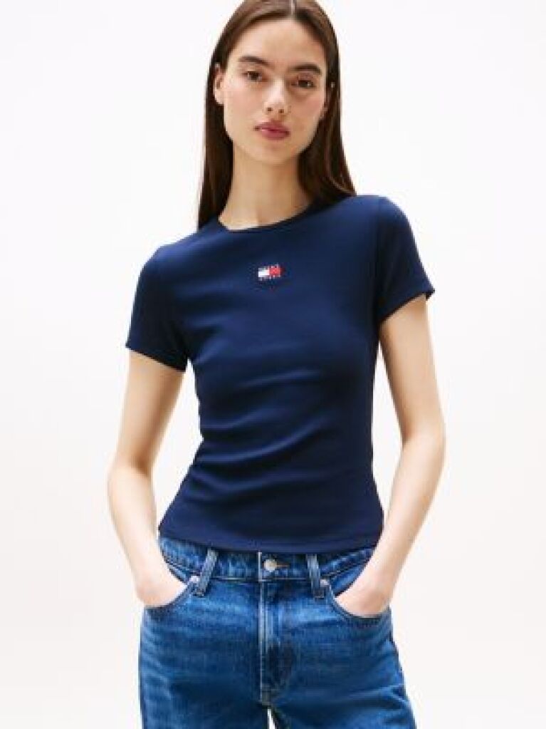 Μπλε Κοντομάνικο T-Shirt Ριμπ Σε Slim Γραμμή  Γυναίκες