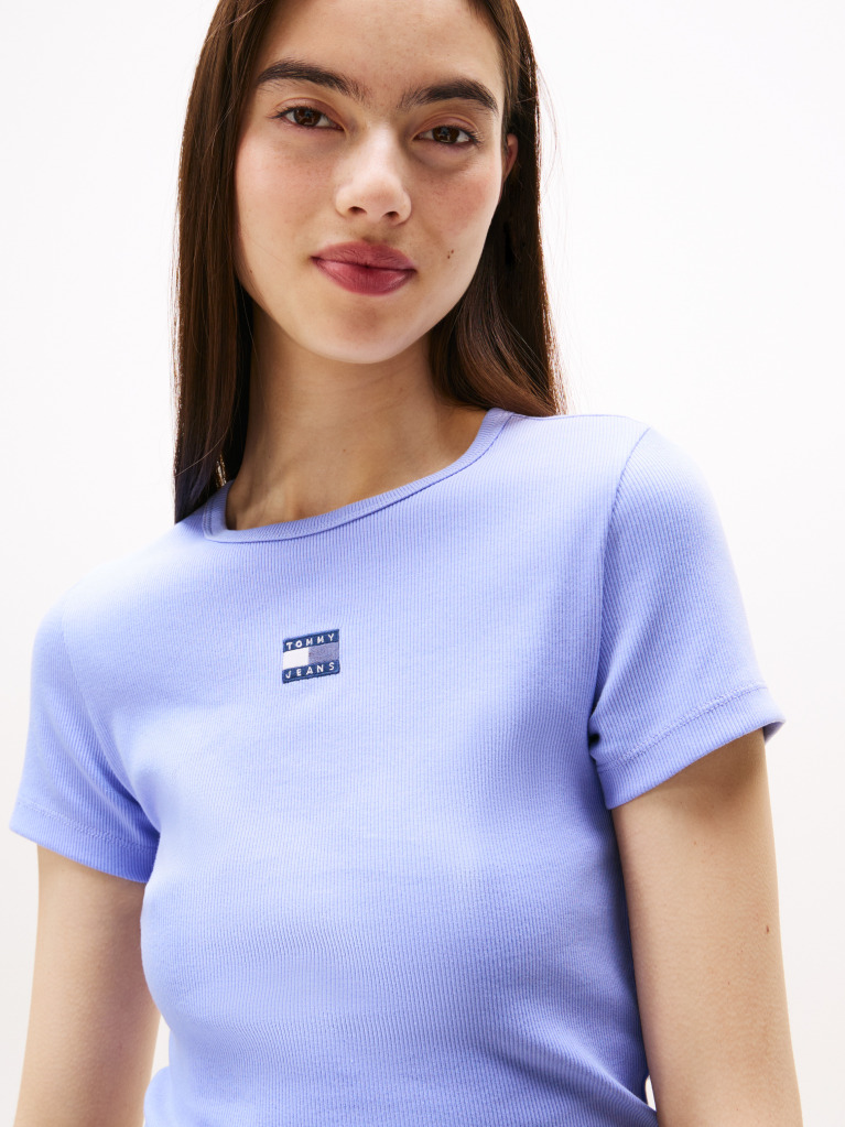 Μπλε Κοντομάνικο T-Shirt Ριμπ Σε Slim Γραμμή  Γυναίκες