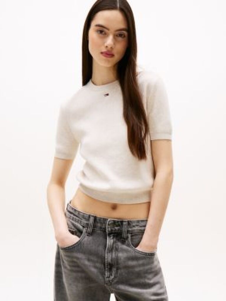 Beige Flag Embroidery Short Sleeve Jumper  Women