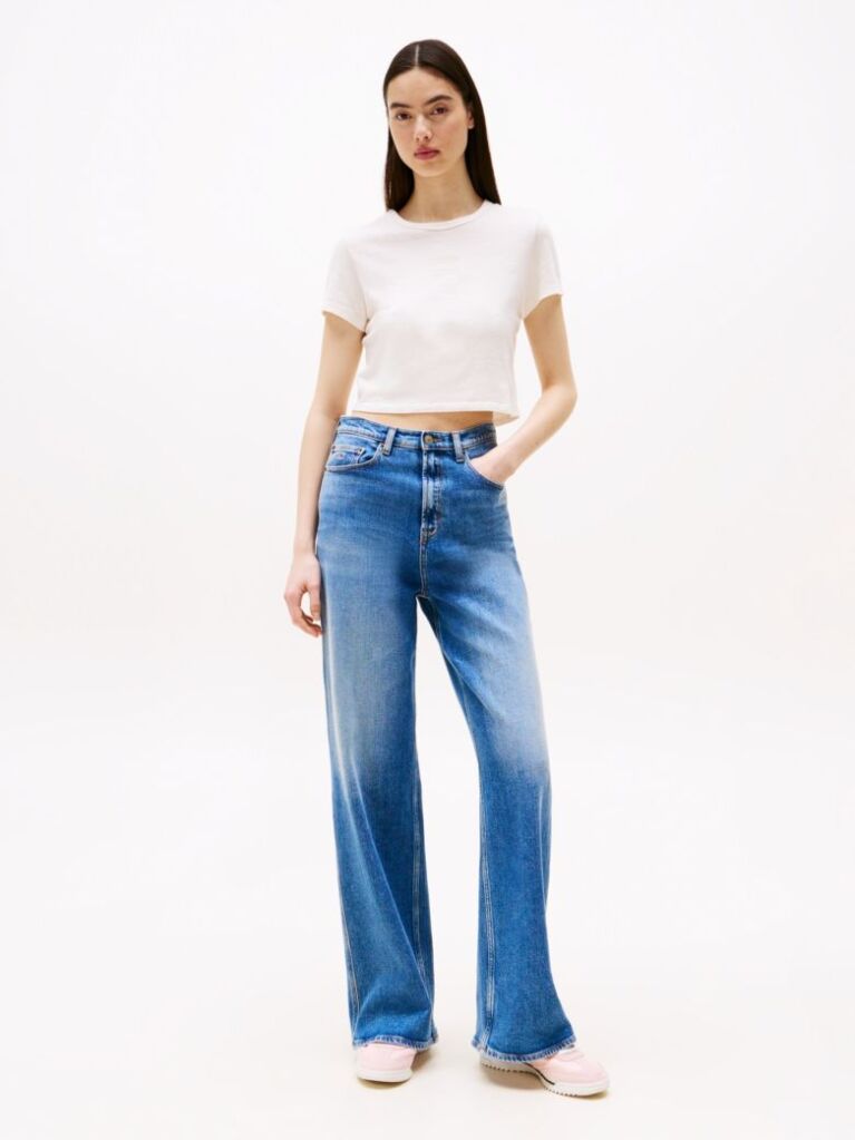 White Slim Fit Cropped Tonal Flag T-Shirt  Women