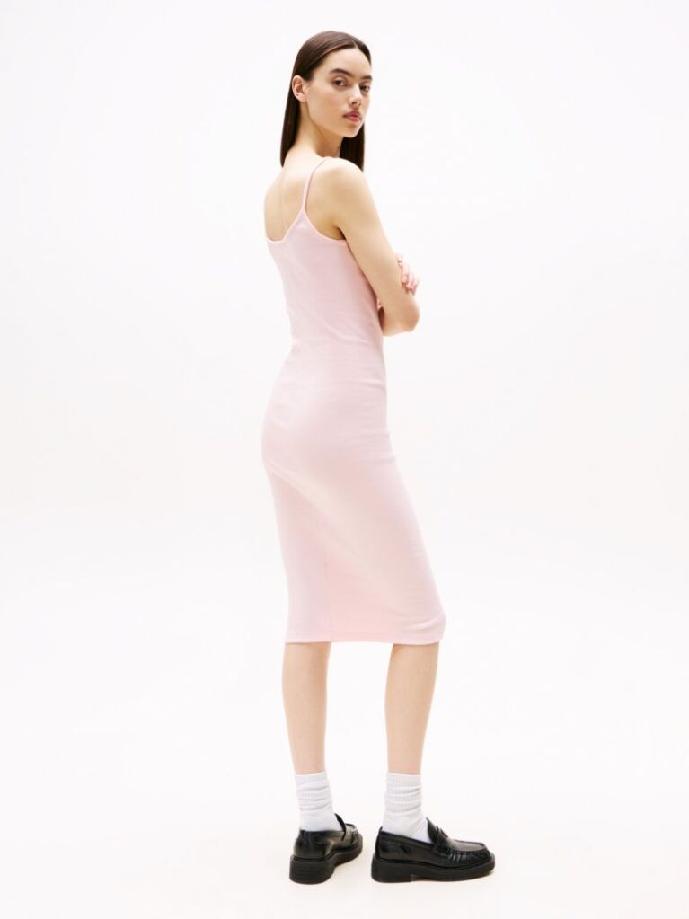 Pink Ribbed Spaghetti Strap Bodycon Midi Dress  Women
