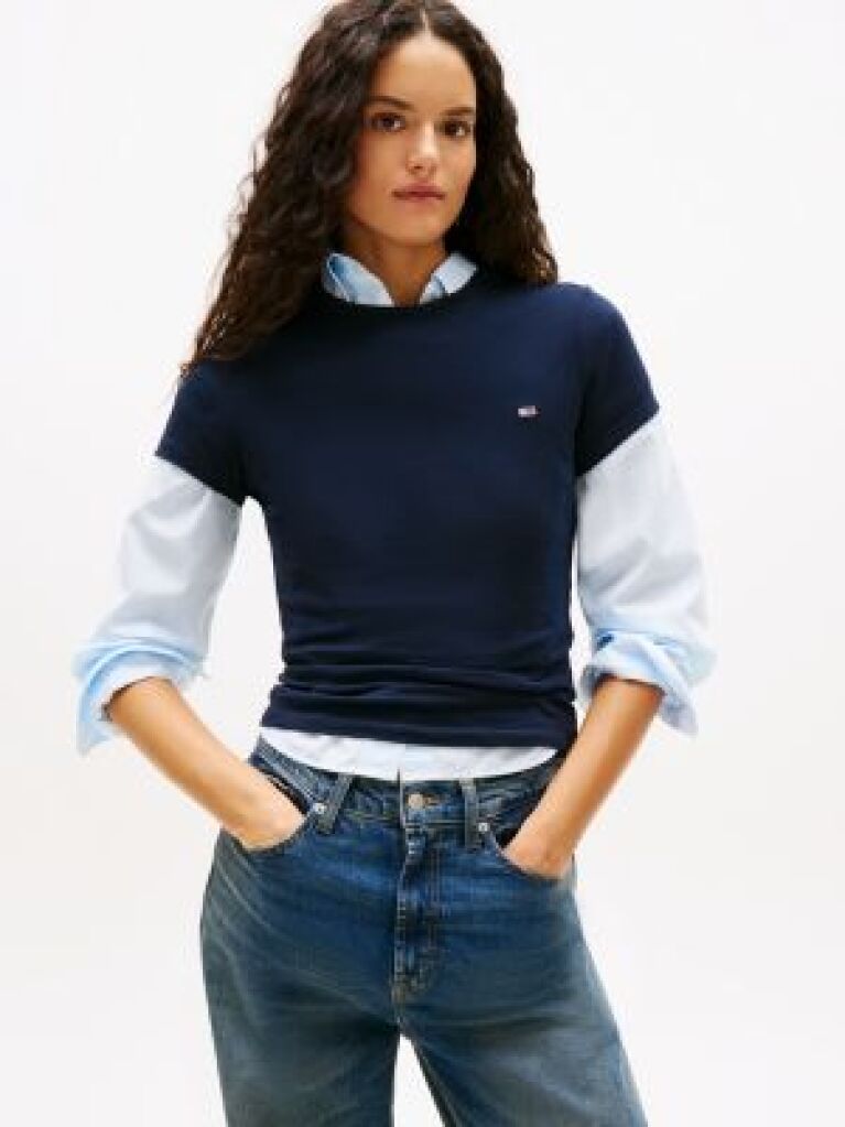 Blue Crew Neck Flag Embroidered T-Shirt  Women