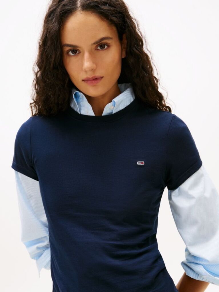 Blue Crew Neck Flag Embroidered T-Shirt  Women