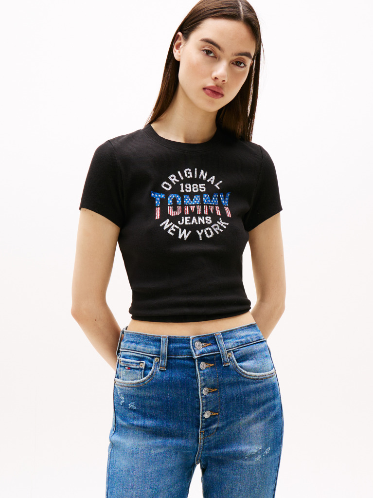 Μαύρο Ριμπ T-Shirt Με Λογότυπο New York Σε Slim Γραμμή  Γυναίκες