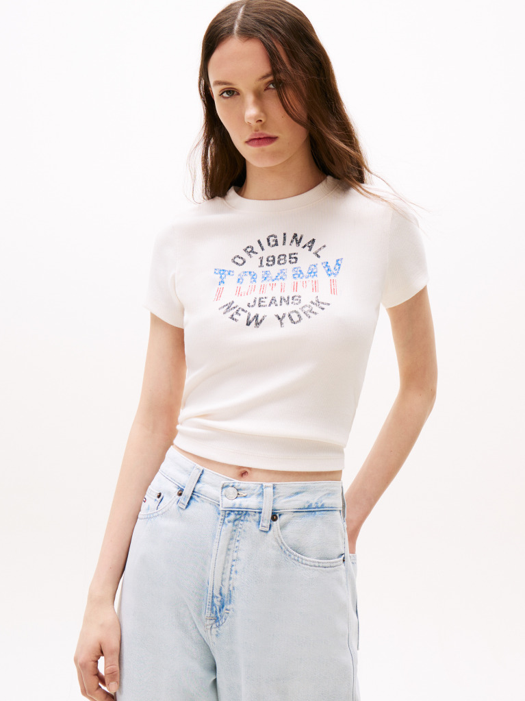 Άσπρο Ριμπ T-Shirt Με Λογότυπο New York Σε Slim Γραμμή  Γυναίκες