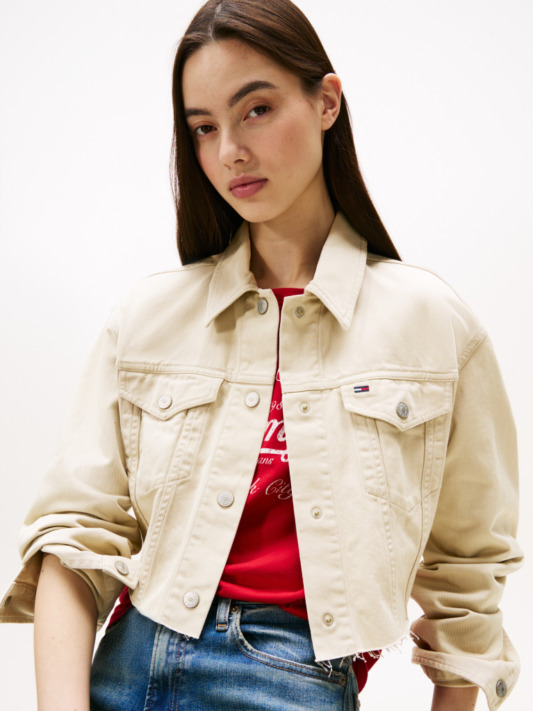 Khaki Back Logo Cropped Denim Jacket  Women