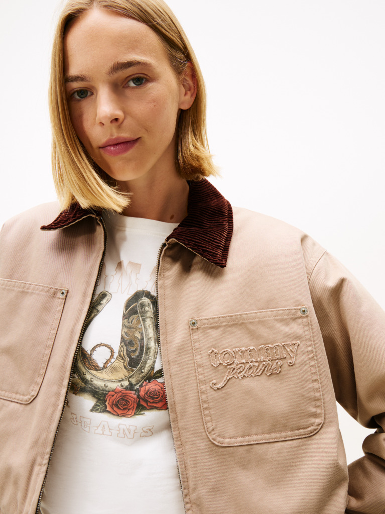 Μπεζ Cropped Τζάκετ Με Appliqué Λογότυπο Και Επένδυση  Γυναίκες