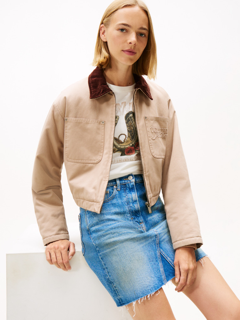 Μπεζ Cropped Τζάκετ Με Appliqué Λογότυπο Και Επένδυση  Γυναίκες
