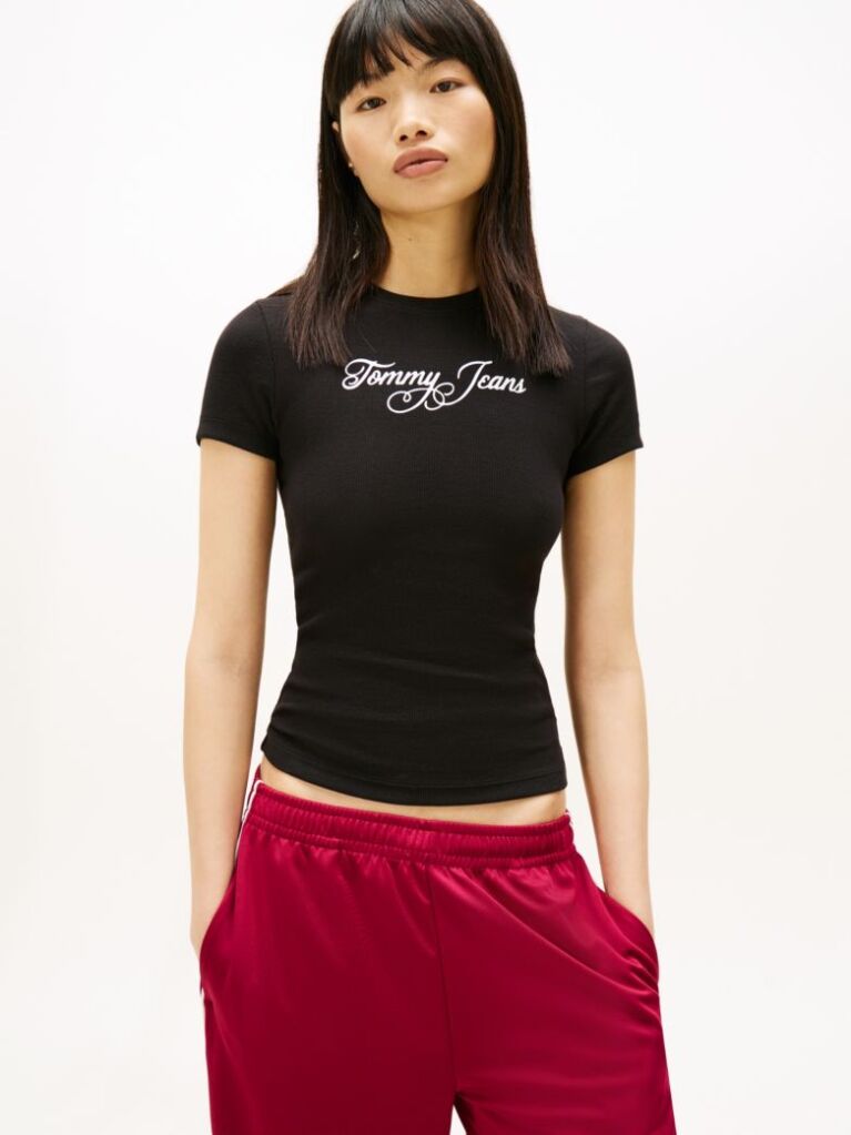 Black Essential Slim Rib Logo T-Shirt  Women