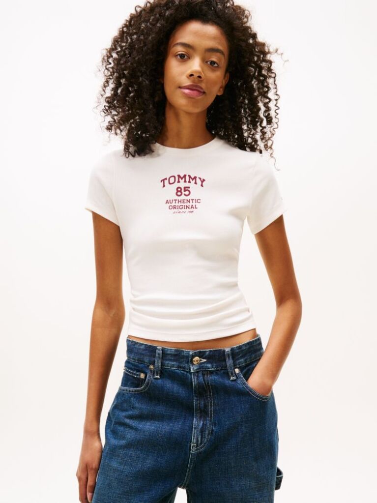 White Logo Ribbed Slim T-Shirt  Women