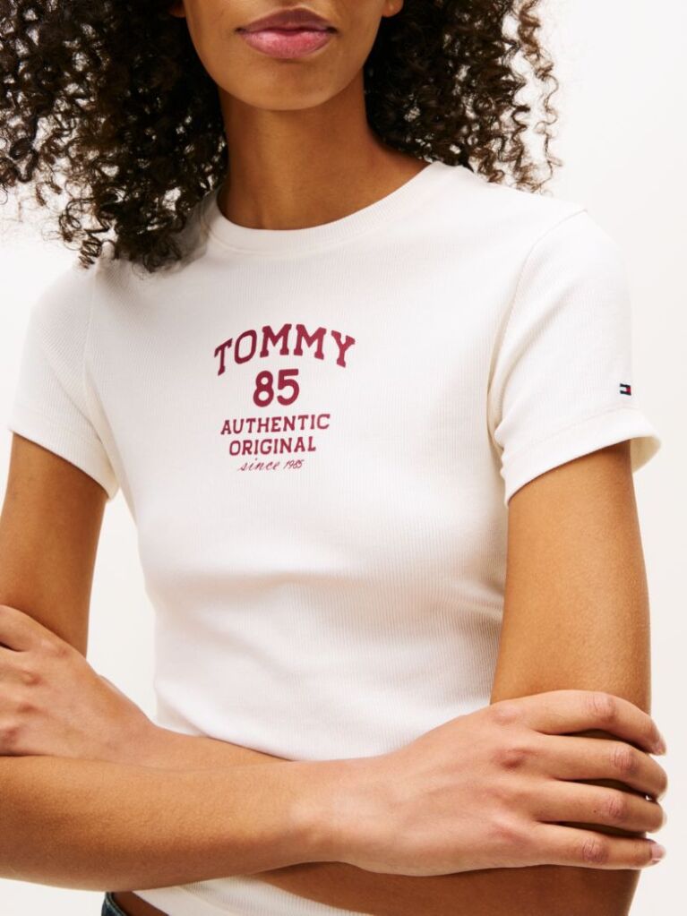 White Logo Ribbed Slim T-Shirt  Women