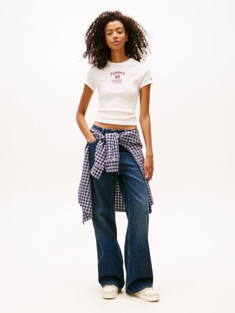 White Logo Ribbed Slim T-Shirt  Women