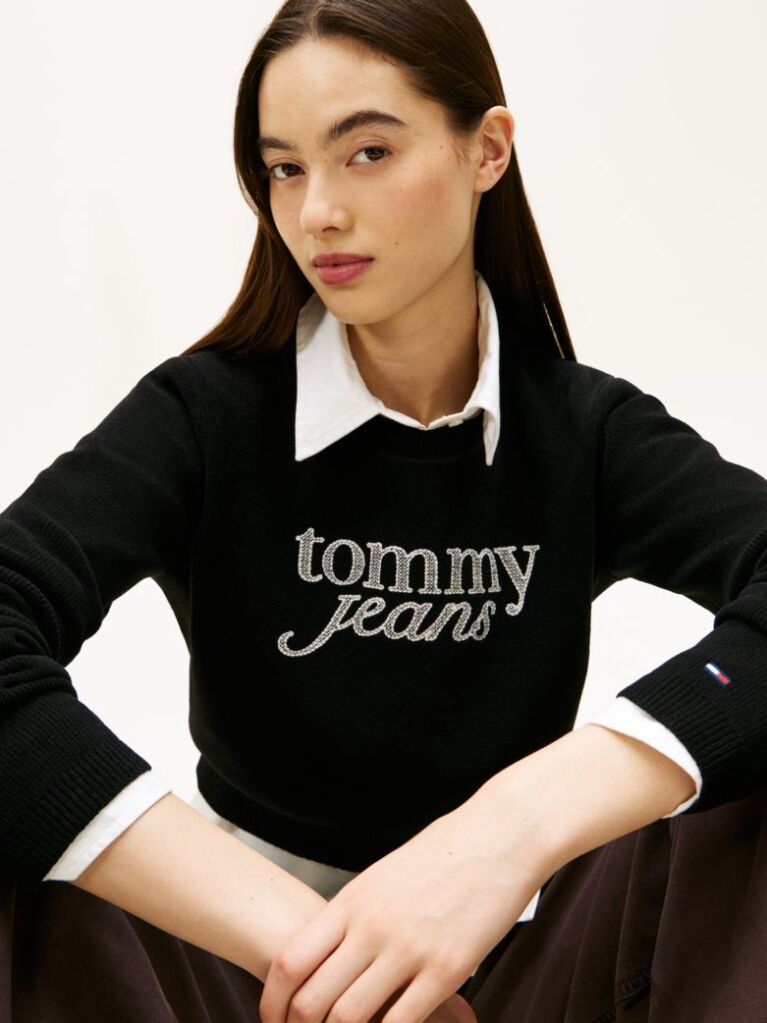 Black Stitch Logo Chenille Slim Cropped Jumper  Women
